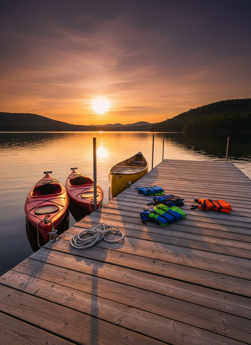 A sun-faded wooden dock stretching into the still waters of Lake Temiscaming, with two bright red kayaks and a cheerful yellow canoe neatly tied along one side. The weathered planks show rich texture and knots, dotted with colorful life jackets and a neatly coiled rope. In the distance, low forested hills frame the horizon beneath a dramatic sunset sky, glowing in warm oranges and purples. Photographic realism, shot from a low perspective starting at the dock boards, leading the eye toward the horizon. Soft, warm light creates long, playful shadows and shimmering reflections on the water, giving a carefree, vacation-ready atmosphere.