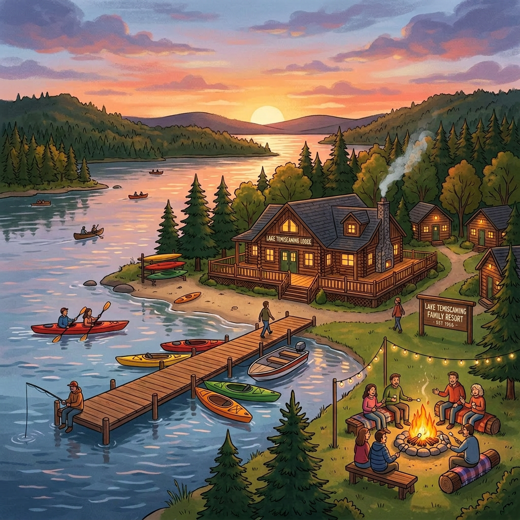 People kayaking, fishing, and sitting around a campfire near Lake Temiscaming Family Resort