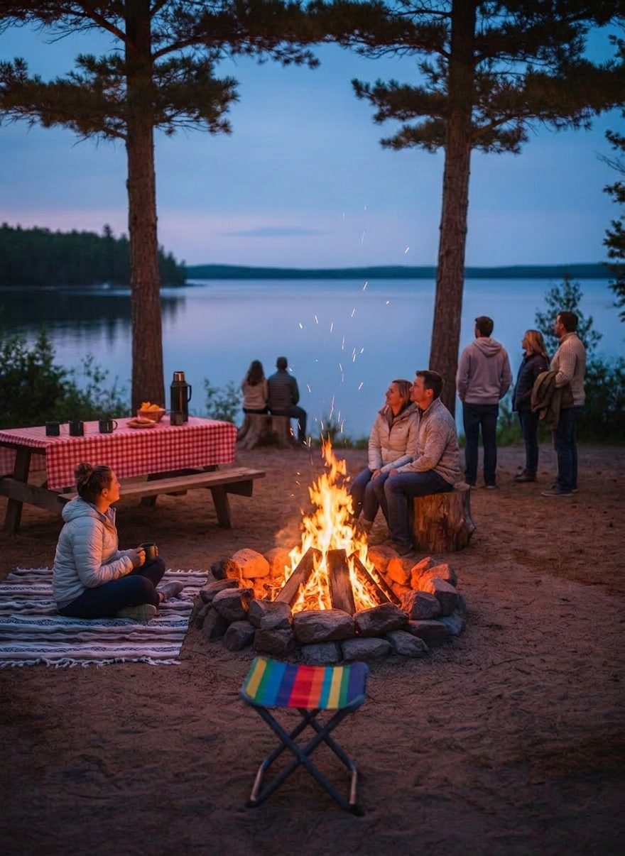 A vibrant campfire setup on a sandy lakeside clearing at Lake Temiscaming, centered around a sturdy stone fire ring with crackling orange flames and glowing embers. Around the fire, brightly painted wooden benches and a couple of mismatched, colorful camping stools circle the warmth. Nearby, a rustic picnic table holds enamel mugs, a vintage thermos, and a playful checkered tablecloth. String lights hang between two nearby pines, adding a whimsical touch. Photographic realism with twilight blue hour lighting, the fire casting a warm, flickering glow on the sand and nearby rocks. Shot at eye level with a shallow depth of field, the mood is cozy, playful, and perfect for storytelling nights.